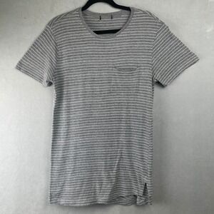 Forever 21 Grey Striped Short Sleeve Pocket T-Shirt Crew Neck Side Slit Mens M